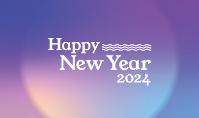 Happy New Year 2024. Simple and minimalist styled design vector banner isolated on colorful purple, blue, and yellow gradient horizontal background.