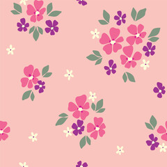 Obraz premium Seamless floral pattern, liberty ditsy print of mini cute daisy flowers. Pretty simple botanical design: small hand drawn flowers, tiny leaves, little bouquets on pink. Vector ornament, illustration.