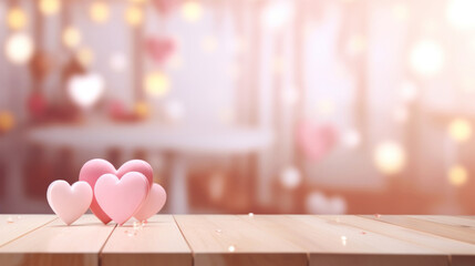 Valentines day background with heart bokeh and wooden table - obrazy, fototapety, plakaty