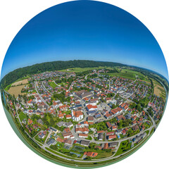 Marktl im oberbayerischen Landkreis Altötting im Luftbild, Little Planet-Ansicht, freigestellt