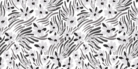 Seamless floral pattern, liberty ditsy print in safari motif. Cute simple botanical design: small hand drawn flowers, grass similar to zebra stripes in an abstract composition. Vector illustration.