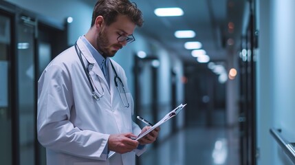 Doctor and reading clipboard with documents of research, healthcare schedule and test results in hospital