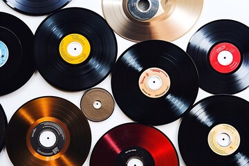 Collection of old vinyl records isolated on white background. Top view.