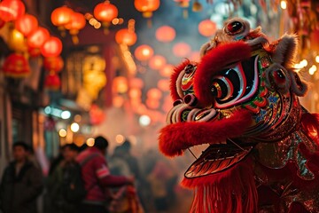 Fototapeta premium Chinese new year. A lion's head in a Chinese New Year parade against a crowd of people. Chinese New Year Lion Dance in Chinatown, Ho Chi Minh City, Vietnam. Chinese New Year symbol