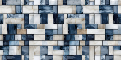 Seamless mosaic of square tiles in varying shades of blue and white, creating a visually soothing gradient effect.