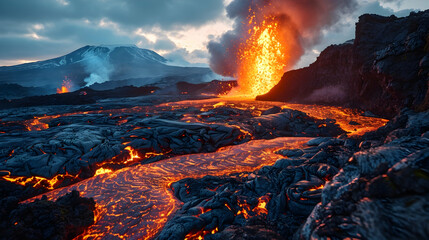 A dynamic volcanic eruption with flowing lava and plumes of smoke against a rugged landscape.