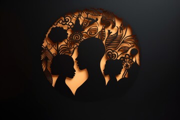Black History Month color background. Black paper cut people silhouette on black background. African Americans history celebration. Top view - obrazy, fototapety, plakaty
