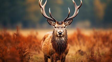 Portrait of a red deer with antlers in an autumn meadow. Wildlife in natural habitat.