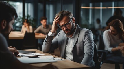 Mental health, businessman with a headache and at a business meeting with colleagues in a boardroom office at their workplace. Stress or depression - obrazy, fototapety, plakaty