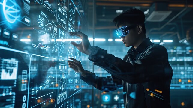 Metaverse digital cyber world technology concept businessman success working with his team as concept with virtual digital dashboard 