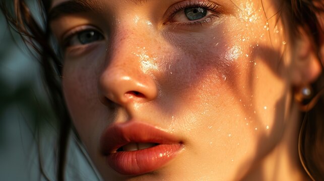 fresh woman face with glossy lipstick and light makeup looking to camera