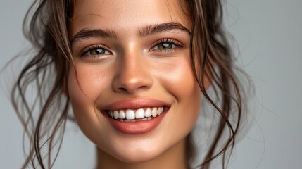 model with perfect smile and beautiful face isolated on grey