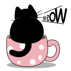 an illustration of Cute black cat from behind sitting on a pink polka dot mug meowing