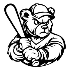 Baseball Bear mascot drawing black and white vector