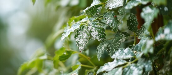 Powdery gray or white spots coating plants, a fungal disease.
