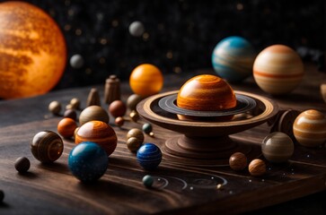 Wooden model of the solar system with planets, stars and galaxies on a dark background. Concept of life development, space exploration, cosmonautics day. AI generated