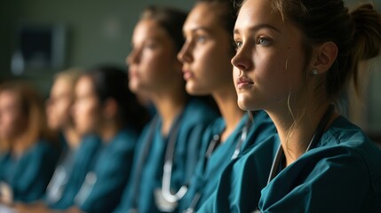 Portrait of a female medical student wearing scrubs in class