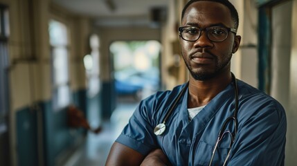 Fototapeta premium Portrait, nurse and black man with arms crossed, healthcare and happy in hospital. African doctor