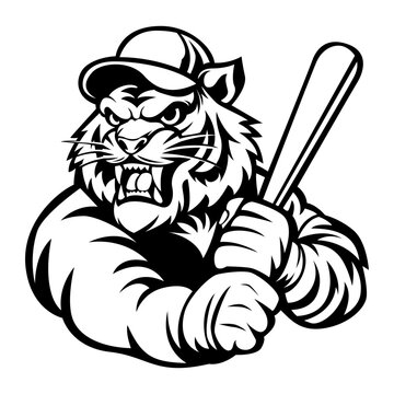Baseball Tiger mascot drawing black and white vector