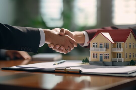 Two people shaking hands over a real estate deal with model houses and documents on the desk.