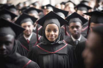A portrait of a young migrant woman among a group of multinational university graduates. Social adaptation of refugees in a new country.