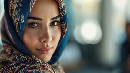 Portrait of a middle eastern businesswoman in office. Close-up of an islamic woman wearing headscarf looking at camera - obrazy, fototapety, plakaty