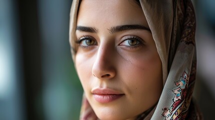Portrait of a middle eastern businesswoman in office. Close-up of an islamic woman wearing headscarf looking at camera