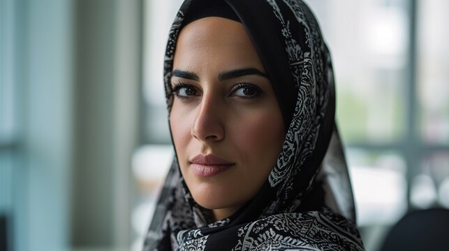 Portrait of a middle eastern businesswoman in office. Close-up of an islamic woman wearing headscarf looking at camera