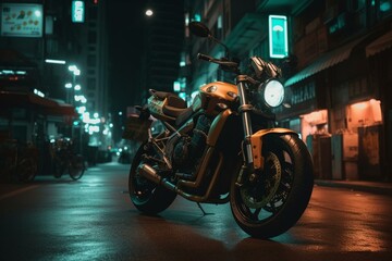 A motorbike rides through city lights at night. Generative AI