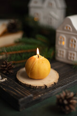 Christmas composition with Christmas tree and tangerines in the New Year's interior