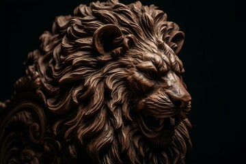 Black background with lion head carving. Generative AI
