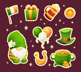 Cartoon stickers for St. Patrick's Day with outline for printing. Scandinavian dwarf, beer mug, balls, gold coin, flag of Ireland, gift, dwarf hat, horseshoe, cauldron