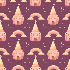 Fototapeta premium Seamless pattern with pink queen castle and rainbow in clouds. Delicate print for girls, princesses, dolls. Vector illustration