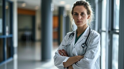 Portrait of confident female doctor standing arms crossed in hospital