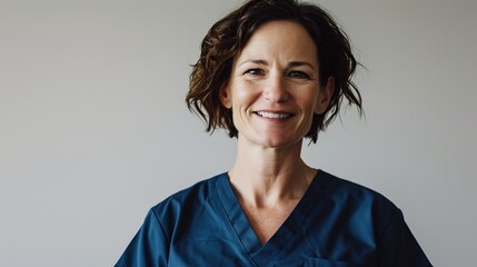 Portrait of female nurse smiling over white background. She is wearing blue scrubs. Confident professional is with short brown hair.