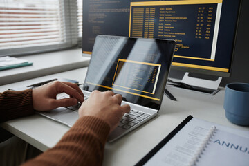 Close up of male hands typing at laptop keyboard and writing code in IT development office, copy space