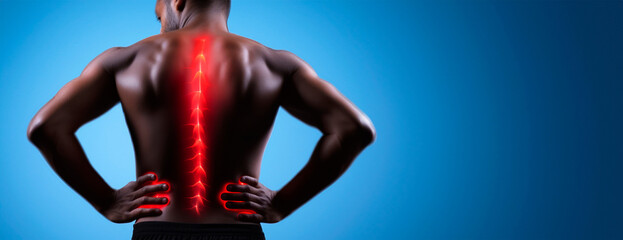 Muscular man standing turned and experiencing back pain in the form of redness on a dark background. Sports injury. Rehabilitation. Remedy ointment against pain. Spinal problems. Back exercises - obrazy, fototapety, plakaty