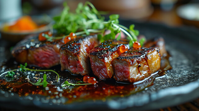 Rustic table setting with juicy grilled steaks on wooden plates, fresh salads, gourmet medium rare beef with charred tomatoes and greens, barbecue meats and vegetable garnishes, Generous AI

