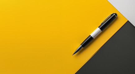 One beautiful pen placed on yellow paper and black background