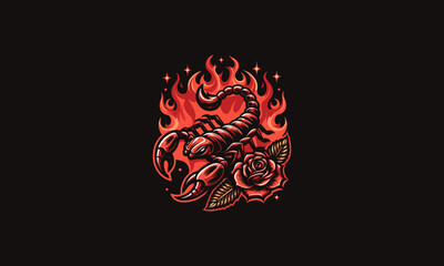 scorpio and red rose and flames vector design - obrazy, fototapety, plakaty