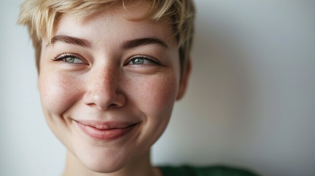 Portrait Of Young Businesswoman Smiling. Close-up Of Confident Female Professional Is Having Short Blond Hair. She Is Wearing Green Top Against White Background