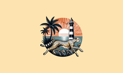 cheetah running on beach and lighthouse vector artwork design