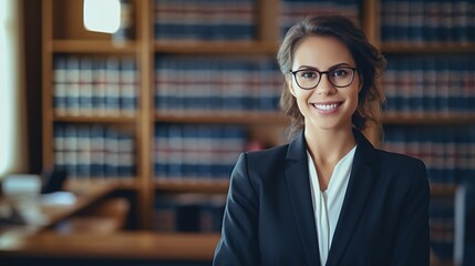 Happy and woman lawyer portrait in office with optimistic smile for professional legal career. Confident expert and attorney employee at corporate workplace smiling with positive mindset - obrazy, fototapety, plakaty