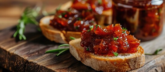 Jar of bacon jam spread on toasted baguette. Close-up. - Powered by Adobe