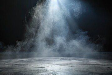 Mysterious and atmospheric scene with dark empty space. Floor is illuminated by spotlight creating dramatic interplay of light and shadows. Presence of smoke or mist element of mystery ambiance