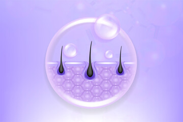 Hyaluronic acid hair and skin solutions ad, purple collagen serum drop into skin cells with cosmetic advertising background ready to use, illustration vector.