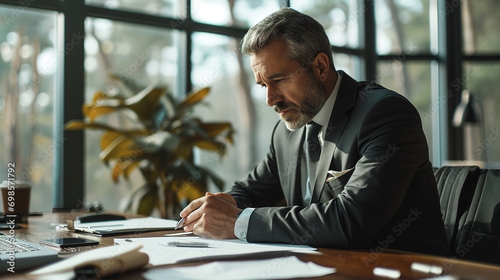 Sticker Serious busy middle aged professional business man executive ceo manager, lawyer or analyst wearing suit sitting at desk in office working checking bills corporate financial accounting documents