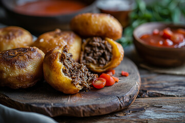 Delicious South African Vetkoek fried donuts stuffed with minced meat close-up on the table