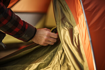 Close up hands setting up tent