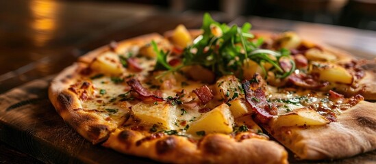 Whistler restaurant serves pizza with potato and bacon cooked in a special way. - obrazy, fototapety, plakaty